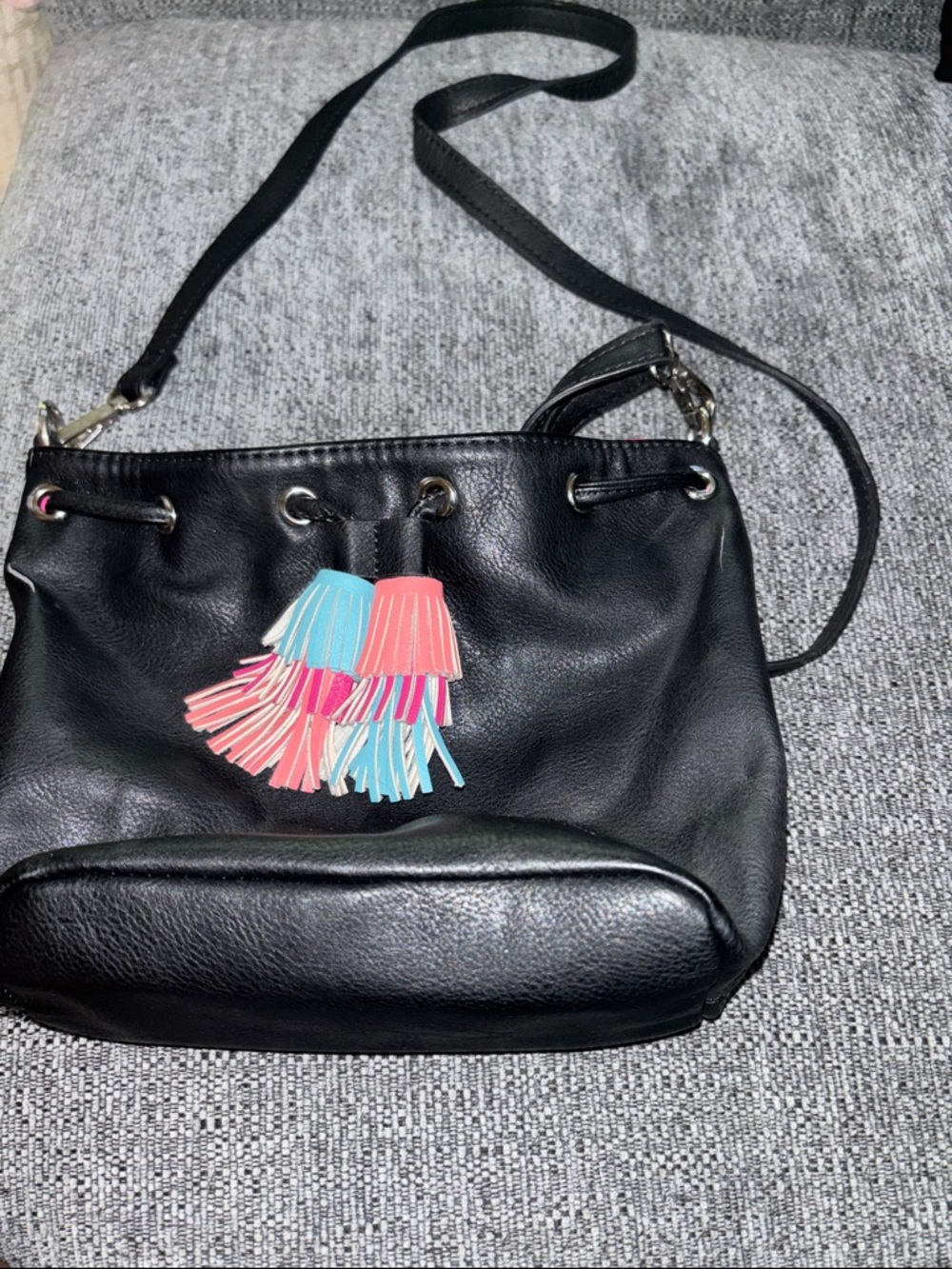 Candies Black Women’s Crossbody Bag with Colorful Tassel Accent
